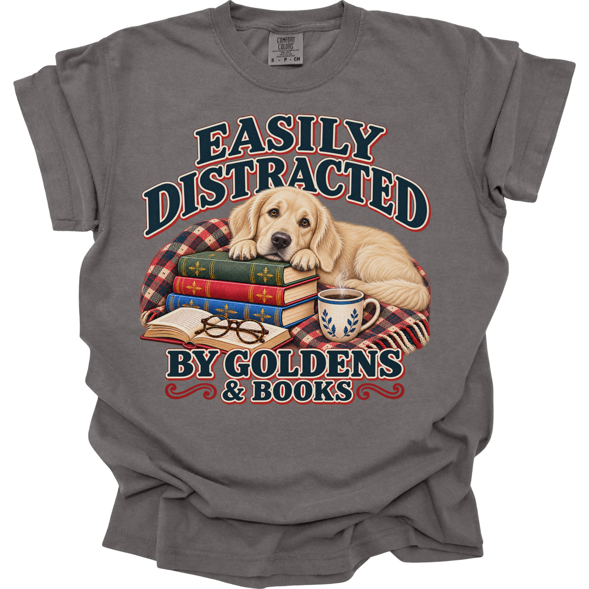 English Cream Golden Retriever Shirt, Easily Distracted by Goldens and Books, Book Lover Tee