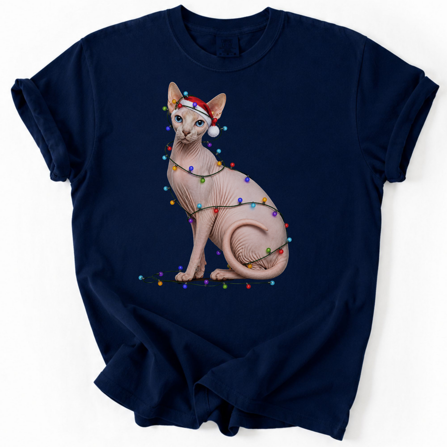 Sphynx Cat Christmas Lights Shirt, Comfort Colors Holiday Cat Lover Tee