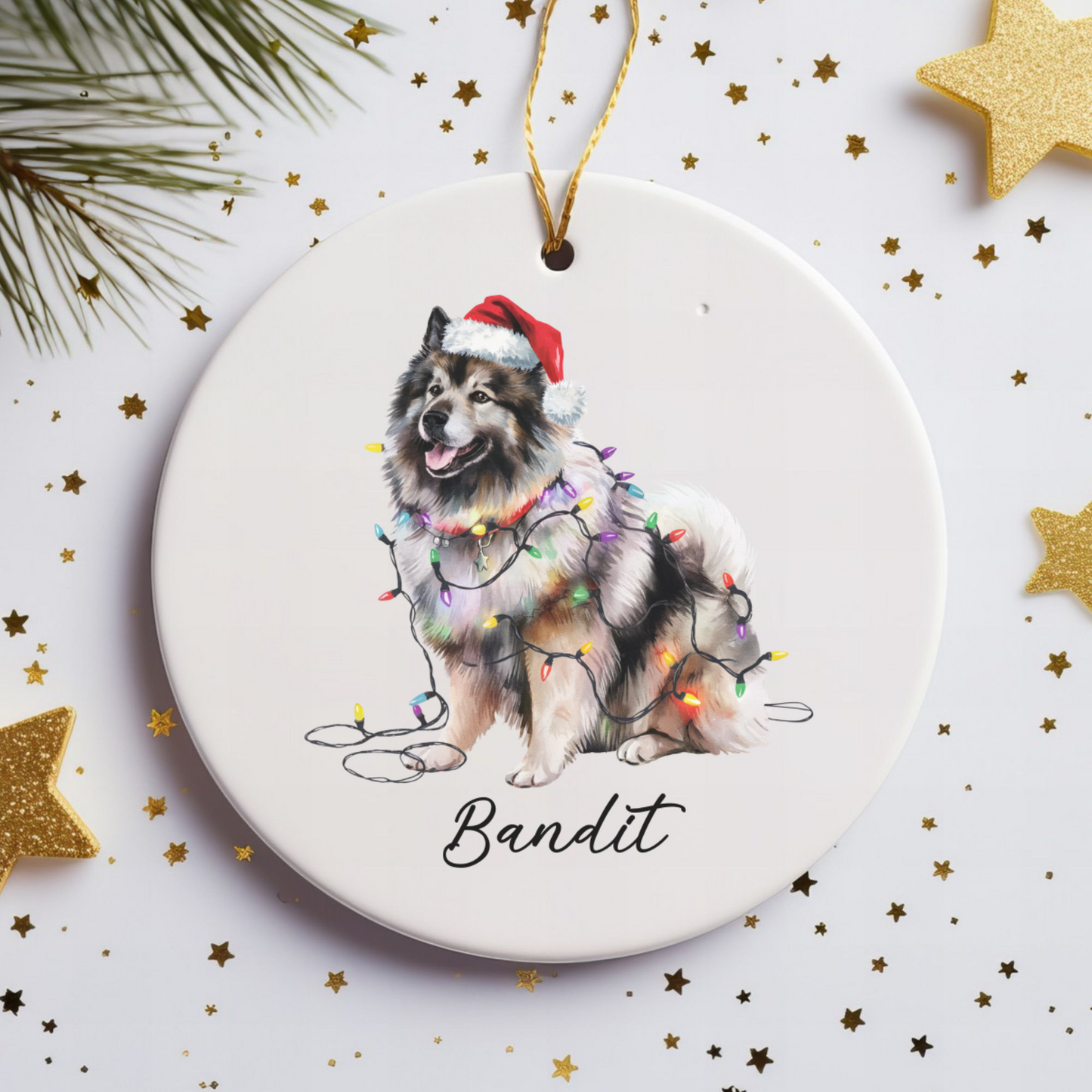 Personalized Keeshond Dog Ornament, Ceramic Christmas Tree Decor, Holiday Pet Keepsake