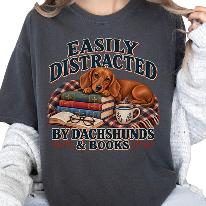 Red Dachshund Shirt, Easily Distracted by Dachshunds and Books, Doxie Mom Book Lover Tee
