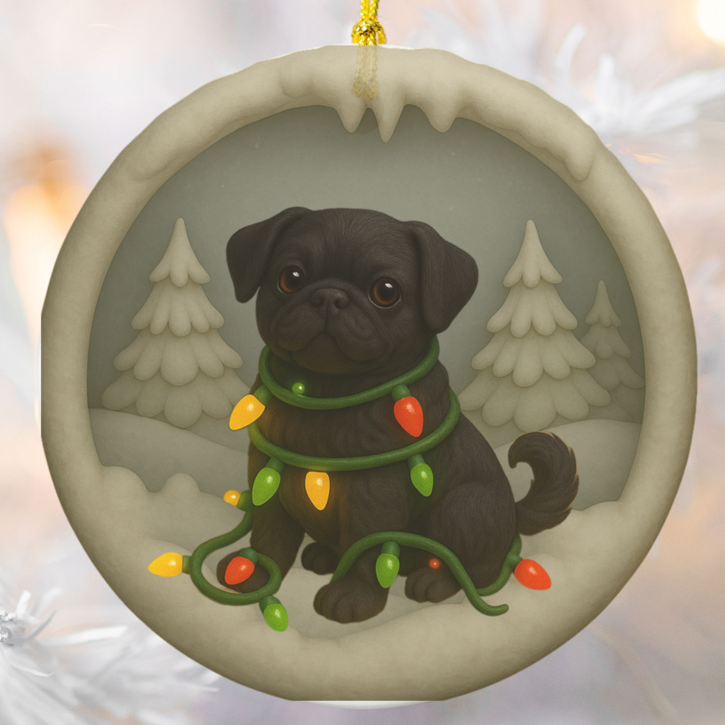 Personalized Black Pug Christmas Ornament, 3D Clay-Style Dog Keepsake with Lights