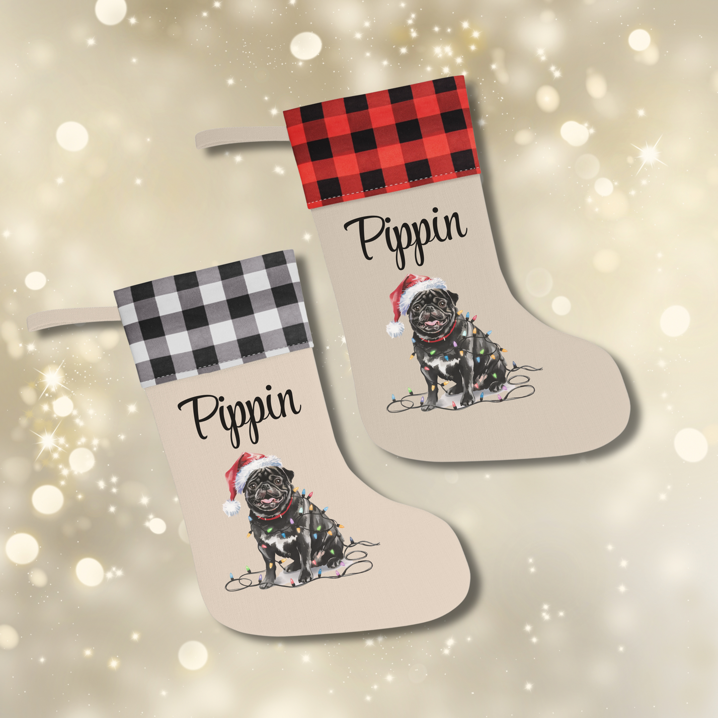 Personalized Black Pug Christmas Stocking, Holiday Decor Gift for Pet Lovers