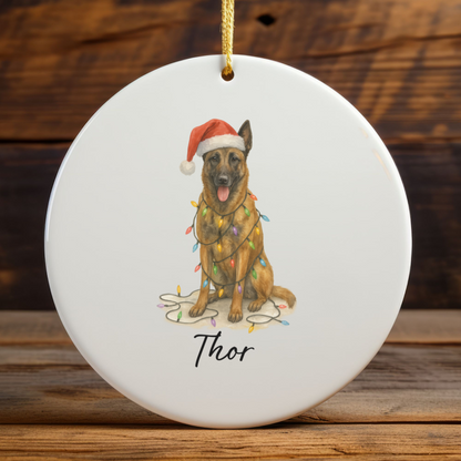 Personalized Belgian Malinois Dog Christmas Ornament, Ceramic Pet Decor, Santa Hat Lights