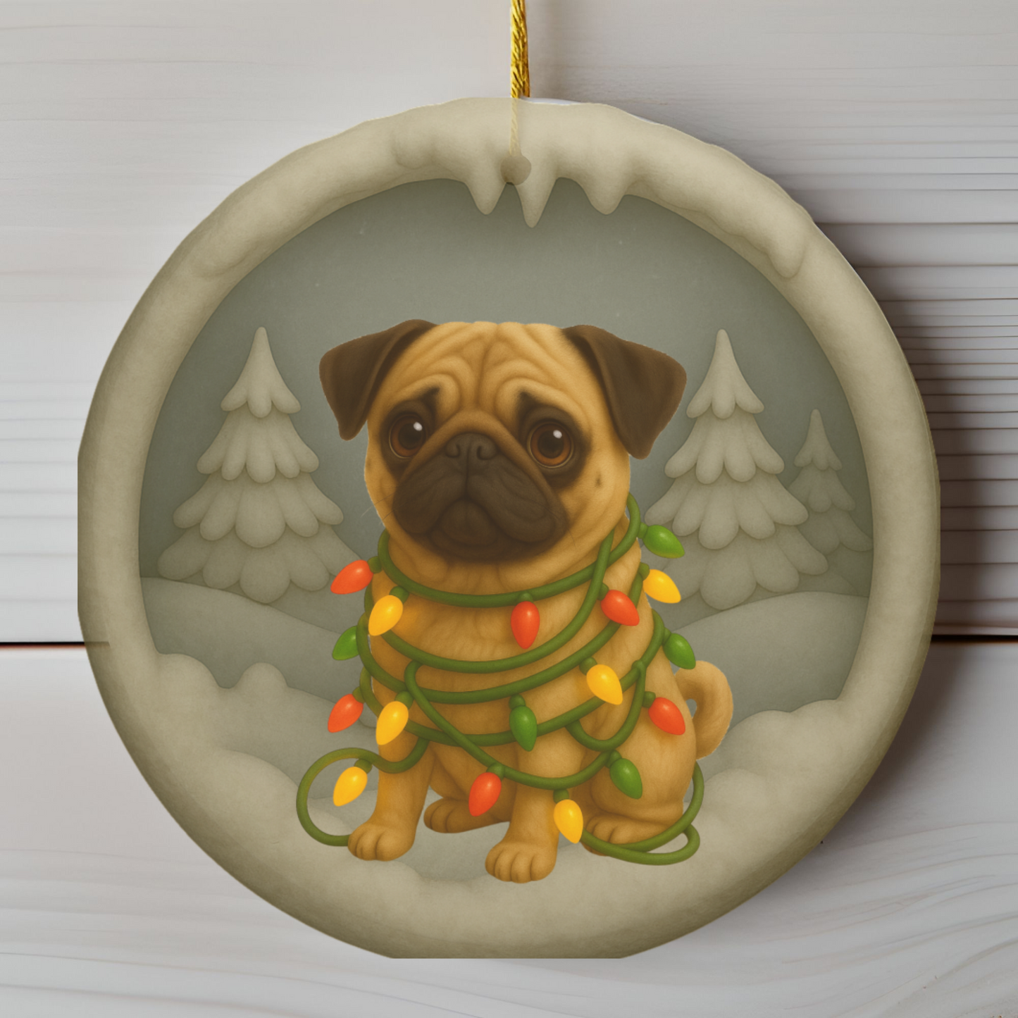Personalized Tan Pug Christmas Ornament, 3D Clay-Style Dog Keepsake with Lights