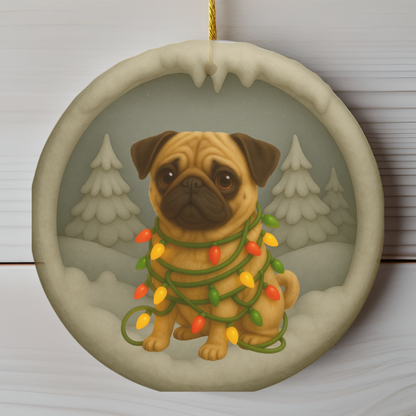Personalized Tan Pug Christmas Ornament, 3D Clay-Style Dog Keepsake with Lights