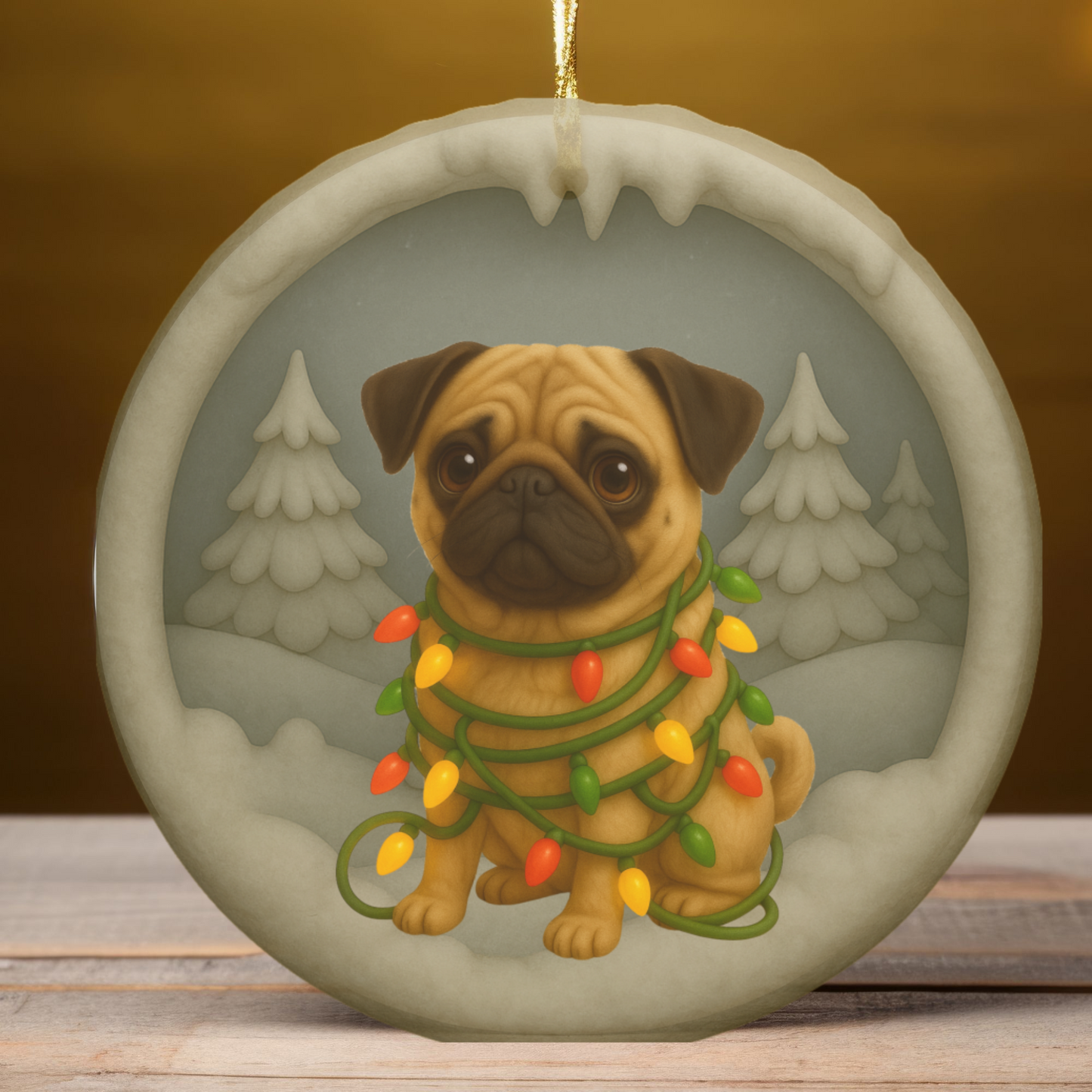 Personalized Tan Pug Christmas Ornament, 3D Clay-Style Dog Keepsake with Lights