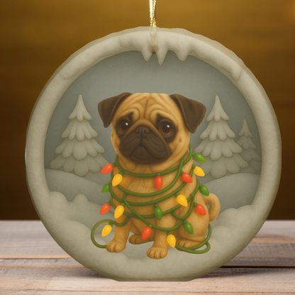 Personalized Tan Pug Christmas Ornament, 3D Clay-Style Dog Keepsake with Lights