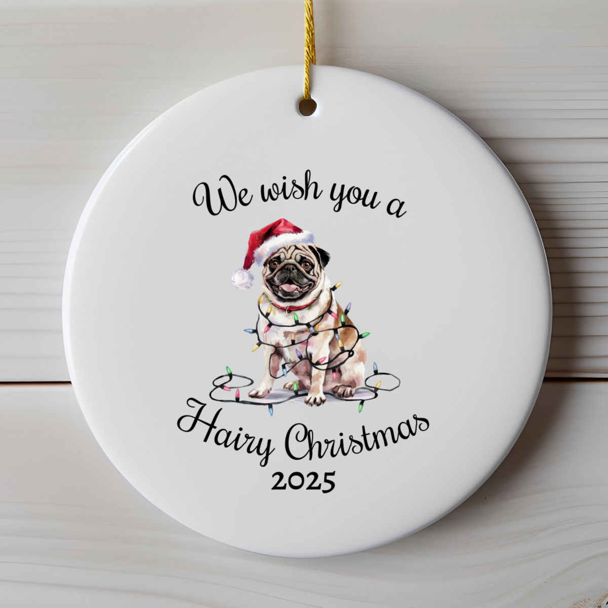 Christmas Tan Pug Ornament, Pug Mom, Christmas Lights Dog Keepsake