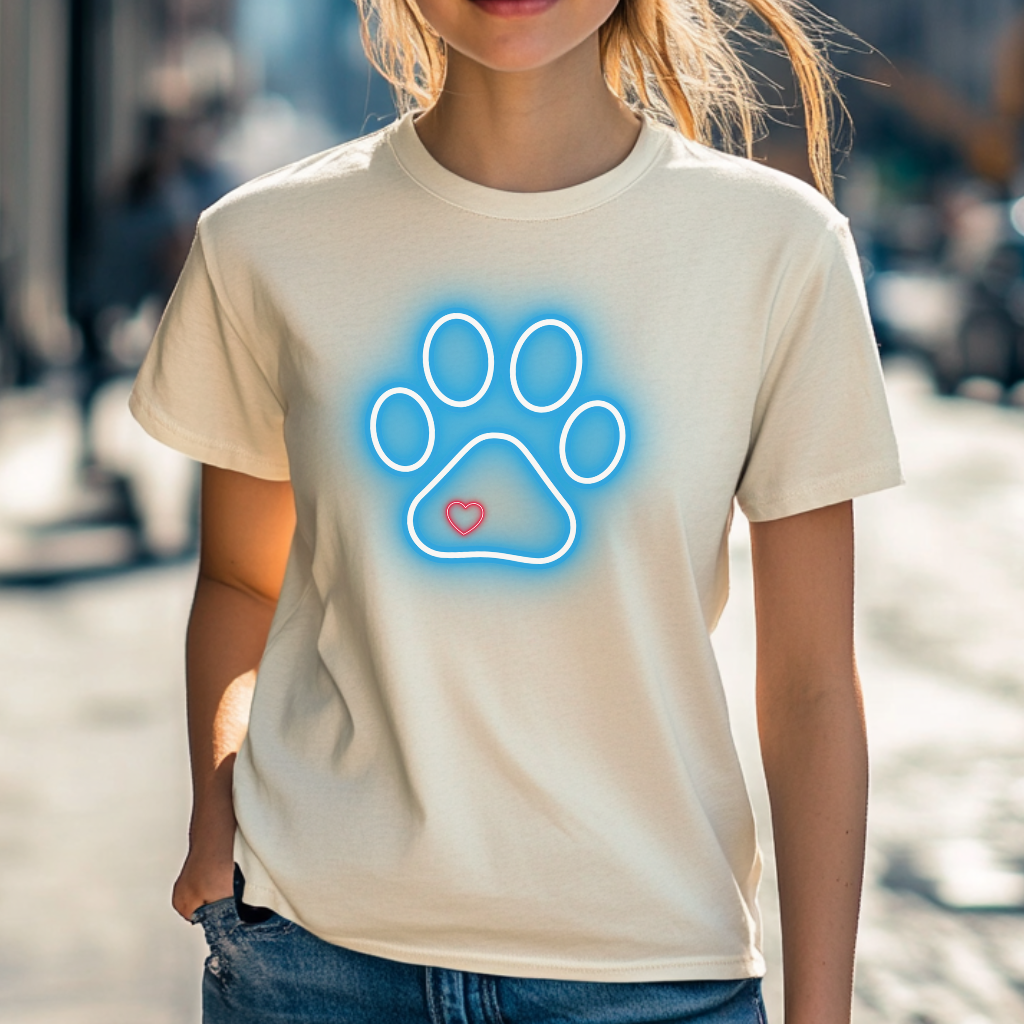 Neon Paw Print T-Shirt – Glowing Dog Lover Tee with Heart for Pet Parents & Animal Fans