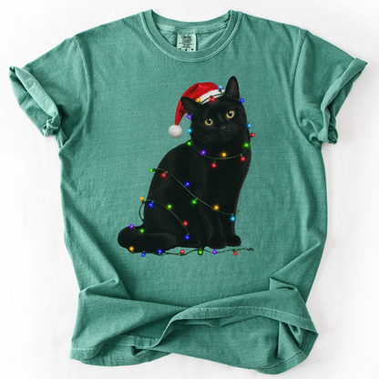 Black Cat Christmas Lights Shirt, Comfort Colors Holiday Cat Lover Tee