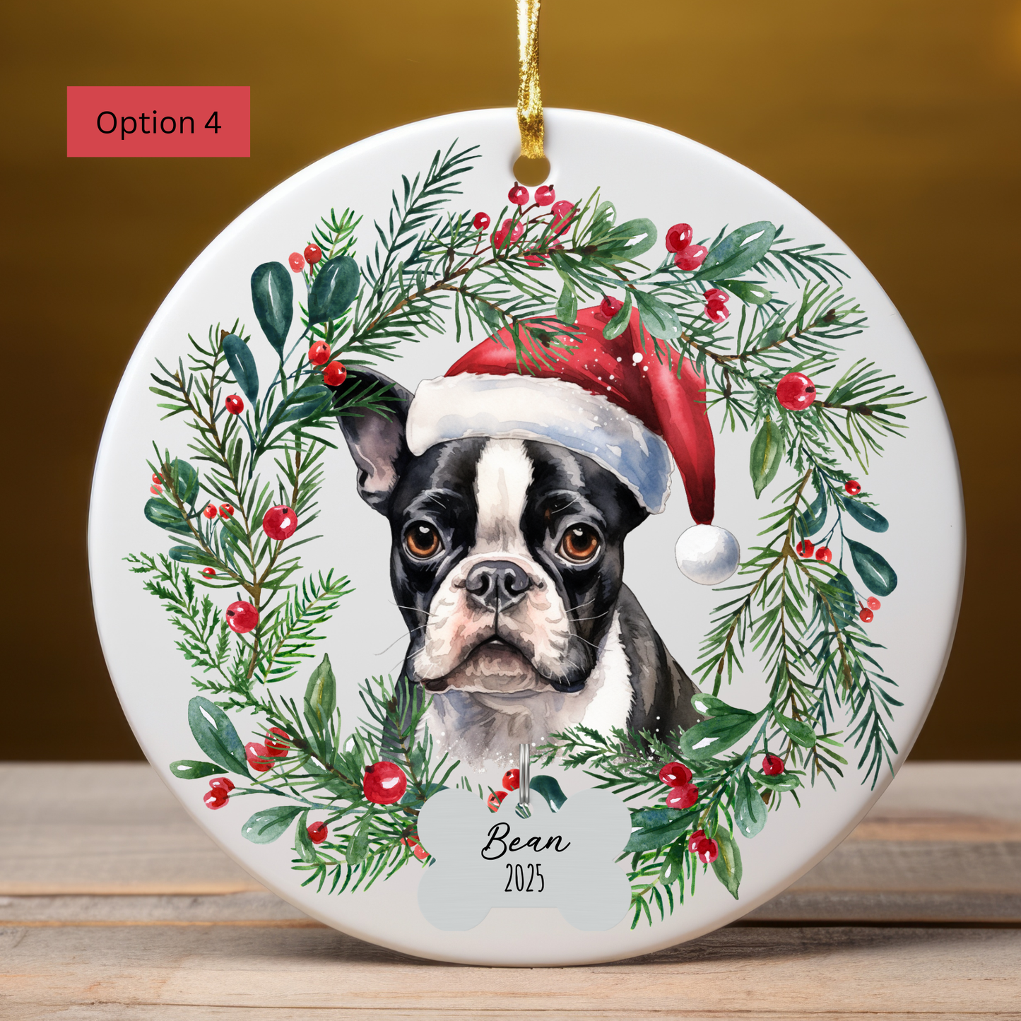 Personalized Boston Terrier Christmas Wreath Ornament