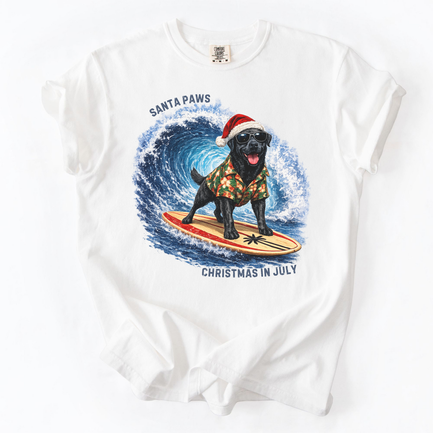 Christmas in July Gift for Black Lab Lovers, Santa Paws Beach Shirt