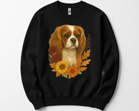 Load image into Gallery viewer, Cavalier King Charles Spaniel Sweatshirt – Blenheim, Ruby or Tri-Color Dog Lover Gift, Cute Fall Floral Crewneck for Pet Owners
