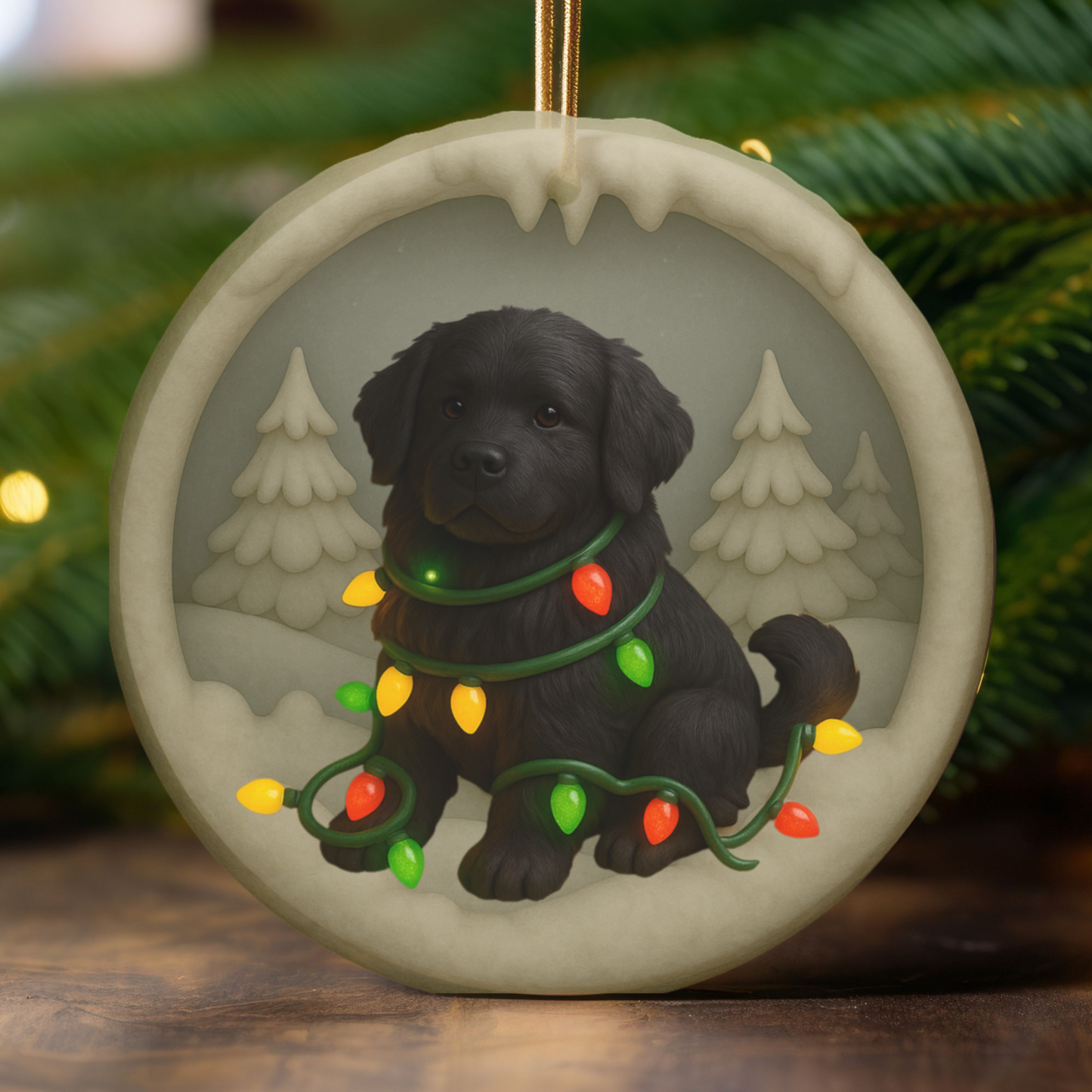Personalized Black Newfoundland Christmas Ornament, 3D Clay-Style Dog Keepsake with Lights