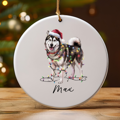 Personalized Alaskan Malamute Christmas Ornament, Dog Name Decor, Ceramic Pet Gift