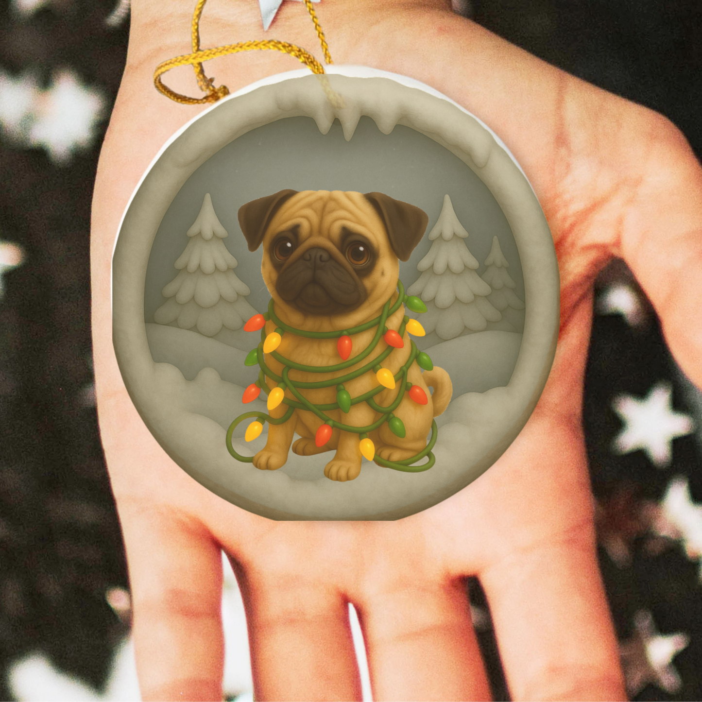 Personalized Tan Pug Christmas Ornament, 3D Clay-Style Dog Keepsake with Lights