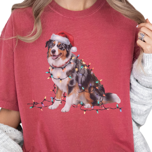 Australian Shepherd Christmas Lights Dog Shirt, Festive Aussie Holiday Tee for Dog Lovers