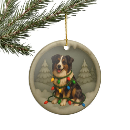 Personalizable Australian Shepherd Christmas Ornament, Custom Aussie with Holiday Lights Keepsake