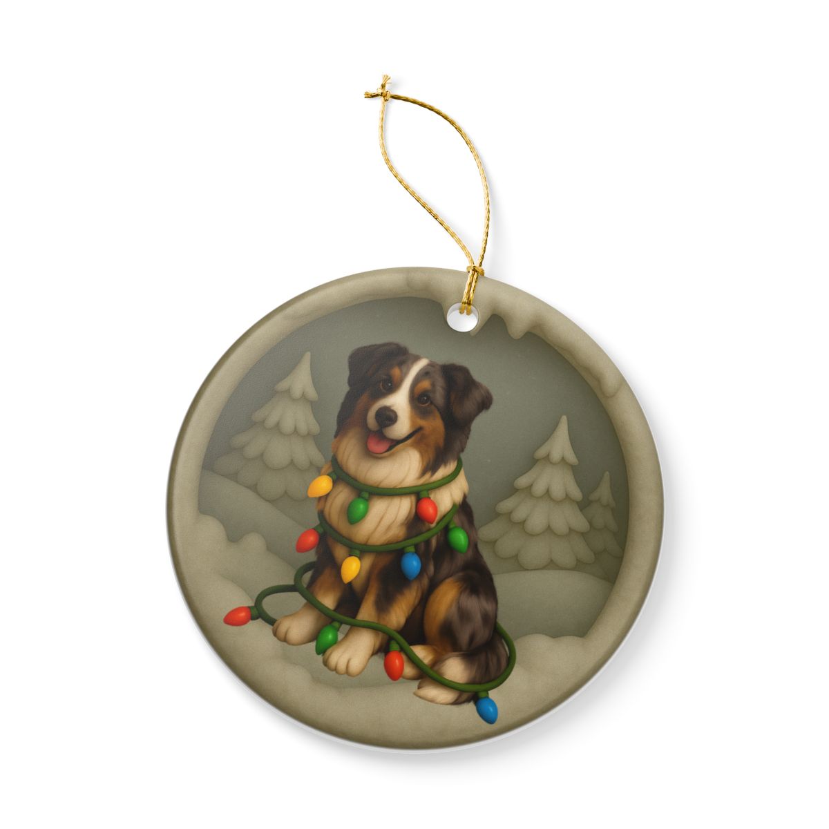 Personalizable Australian Shepherd Christmas Ornament, Custom Aussie with Holiday Lights Keepsake