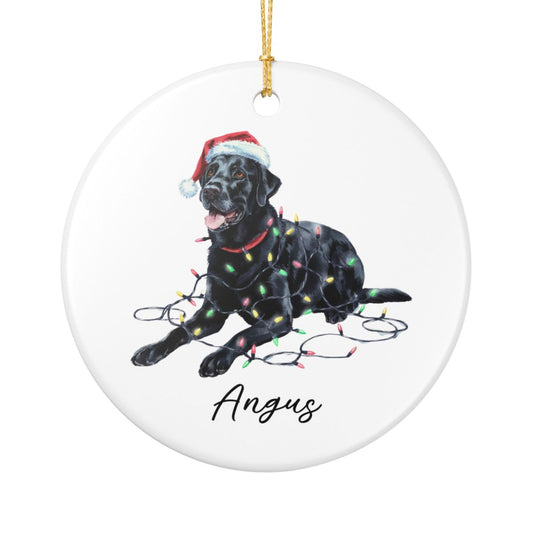 Personalized Black Labrador Christmas Ornament, Ceramic Dog Keepsake, Festive Lights Lab