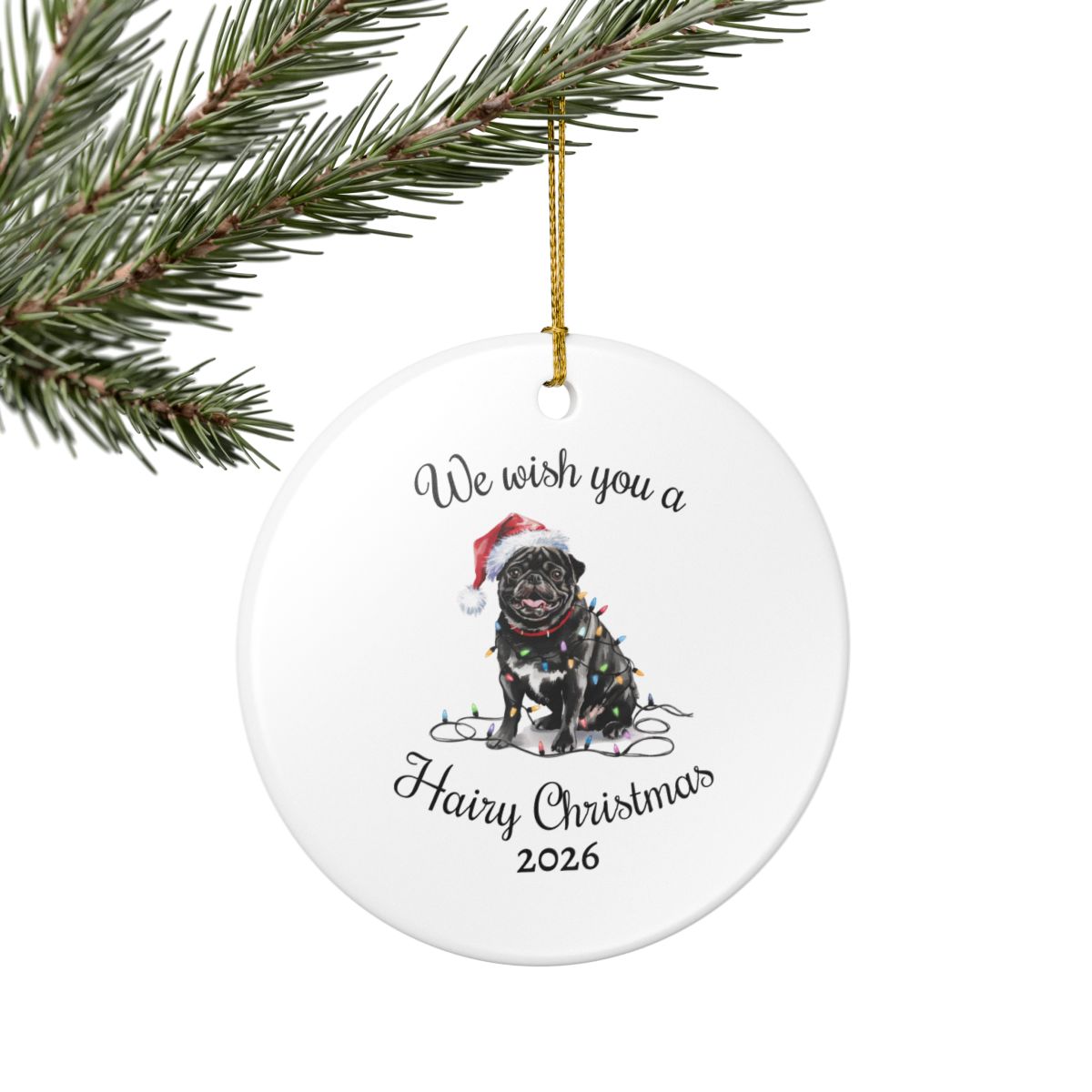 Christmas Black Pug Ornament, Pug Mom, Christmas Lights Dog Keepsake