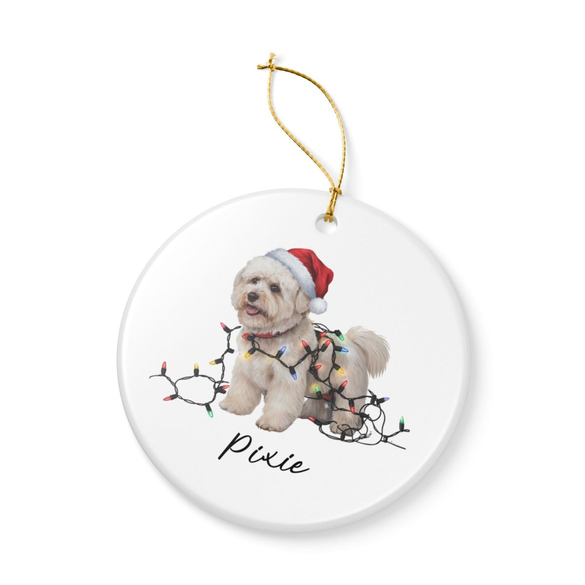 Personalized Bichon Frise Christmas Ornament, Ceramic Dog Santa Hat Lights Decoration