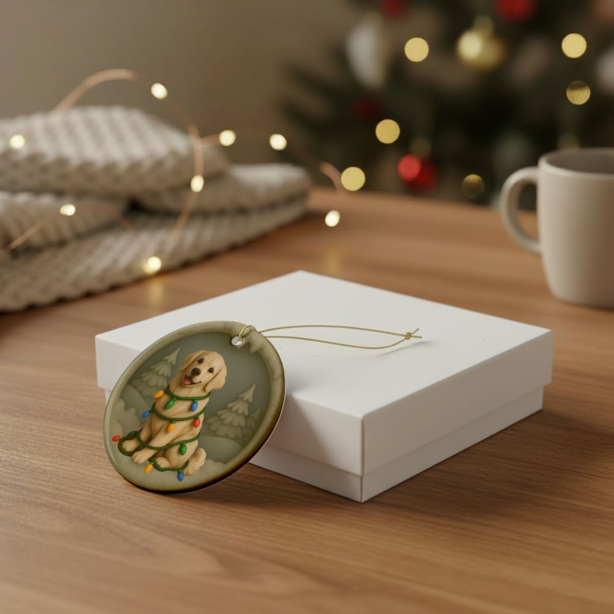 Personalized English Cream Golden Retriever Christmas Ornament, Custom Golden with Holiday Lights Keepsake