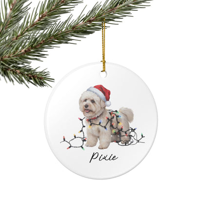 Personalized Bichon Frise Christmas Ornament, Ceramic Dog Santa Hat Lights Decoration