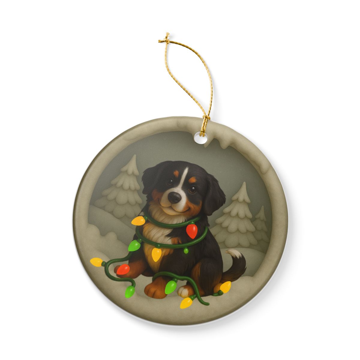 Personalized Bernese Mountain Dog Christmas Ornament, Custom Dog with Holiday Lights Keepsake