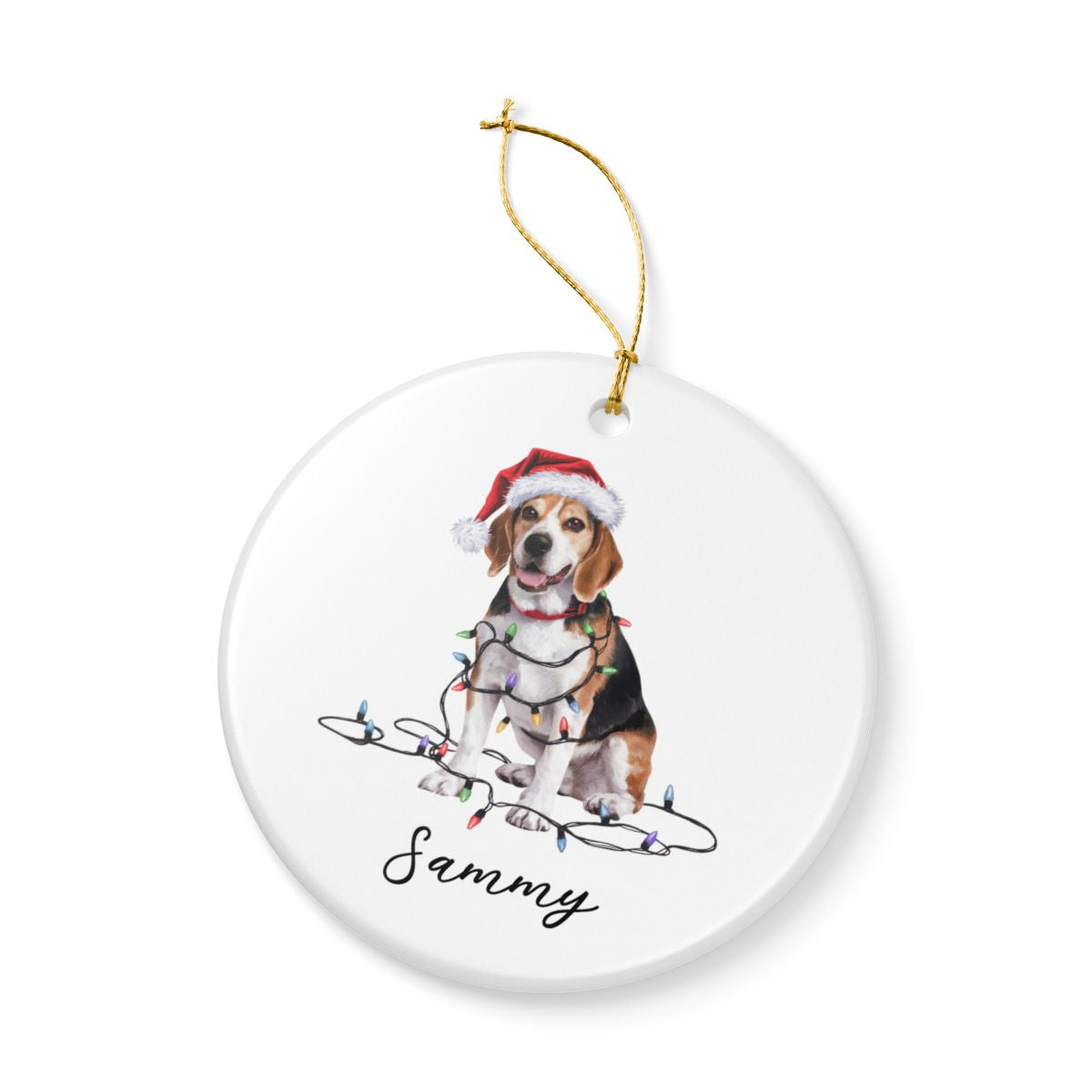 Personalized Beagle Christmas Ornament, Ceramic Dog Holiday Keepsake, Santa Hat Lights Beagle
