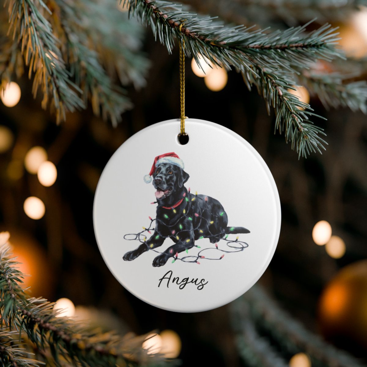 Personalized Black Labrador Christmas Ornament, Ceramic Dog Keepsake, Festive Lights Lab