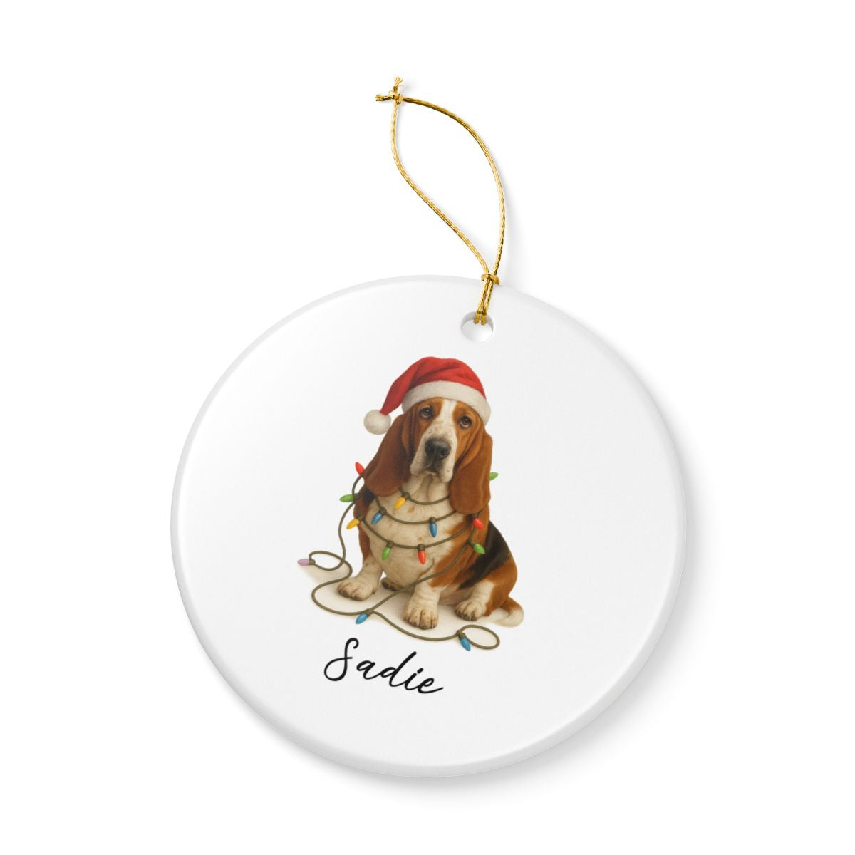 Personalized Basset Hound Christmas Ornament, Ceramic Dog Decor, Santa Hat Lights Keepsake