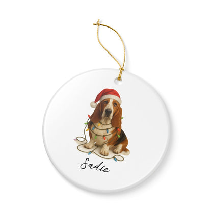 Personalized Basset Hound Christmas Ornament, Ceramic Dog Decor, Santa Hat Lights Keepsake