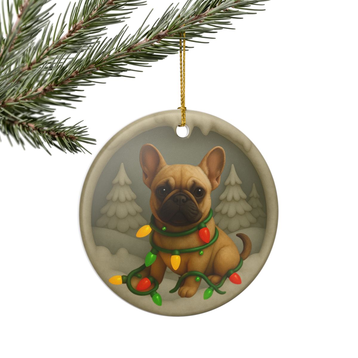 Personalized French Bulldog Christmas Ornament, Custom Frenchie with Holiday Lights Keepsake