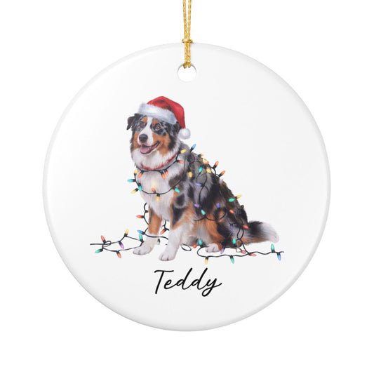 Personalized Australian Shepherd Christmas Ornament, Ceramic Dog Decor, Holiday Lights