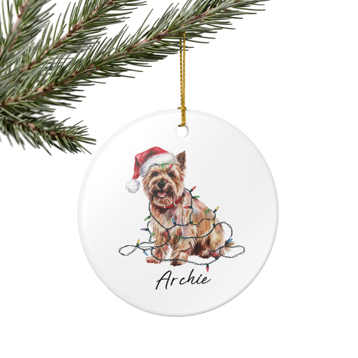 Personalized Cairn Terrier Christmas Ornament, Festive Dog Lights Keepsake, Ceramic Tree Decoration