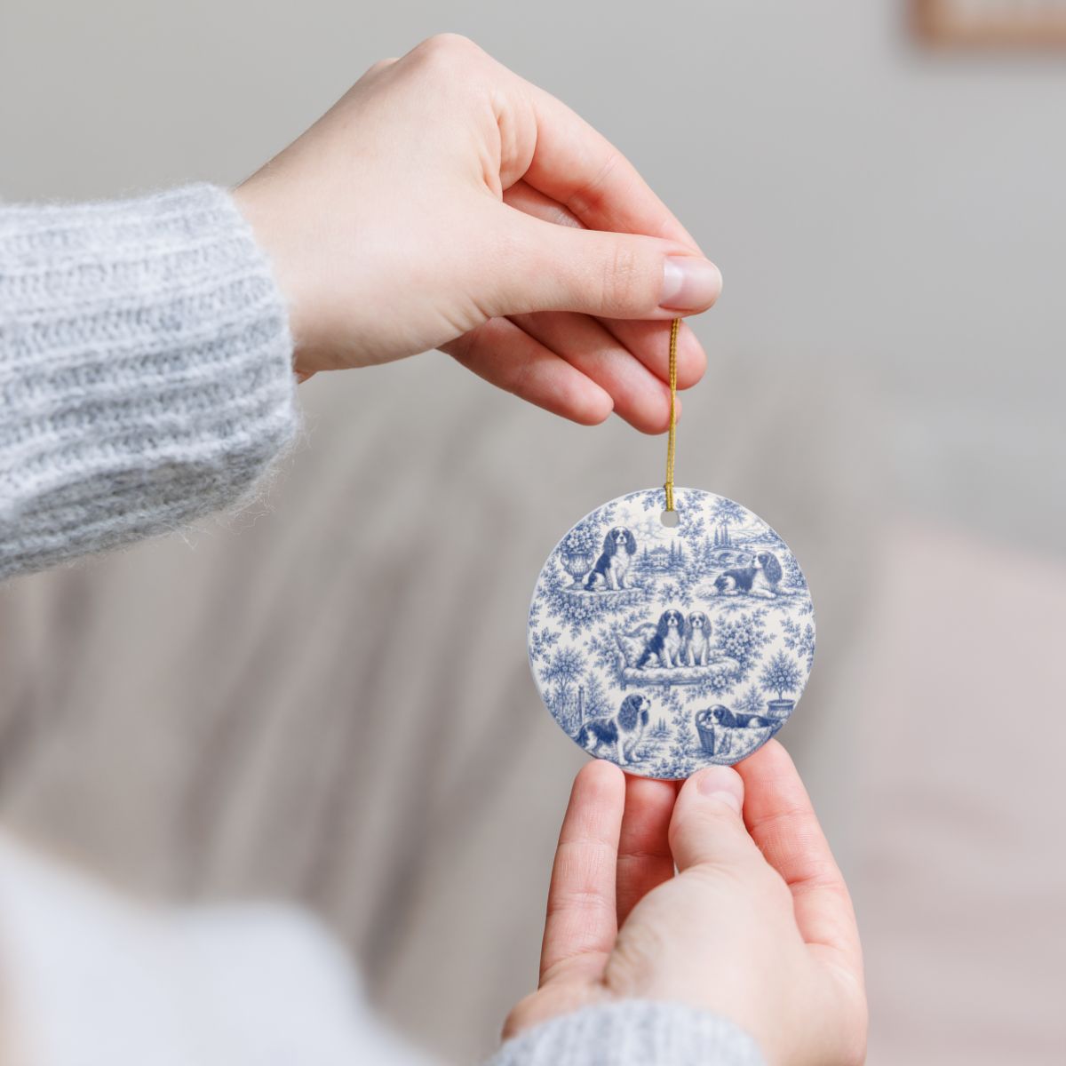 Cavalier French Blue Toile Dog Ornament