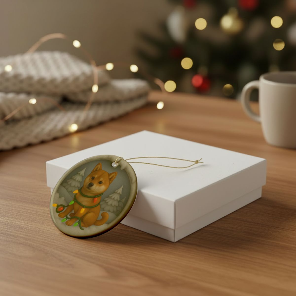Personalized Red Shiba Inu Christmas Ornament, 3D Clay-Style Dog Keepsake with Lights