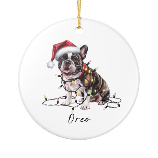 Personalized Black French Bulldog Ceramic Ornament, Dog Christmas Gift, Festive Lights Keepsake