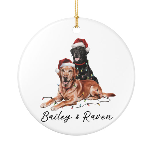 Personalized Red Fox and Black Labrador Christmas Lights Ornament