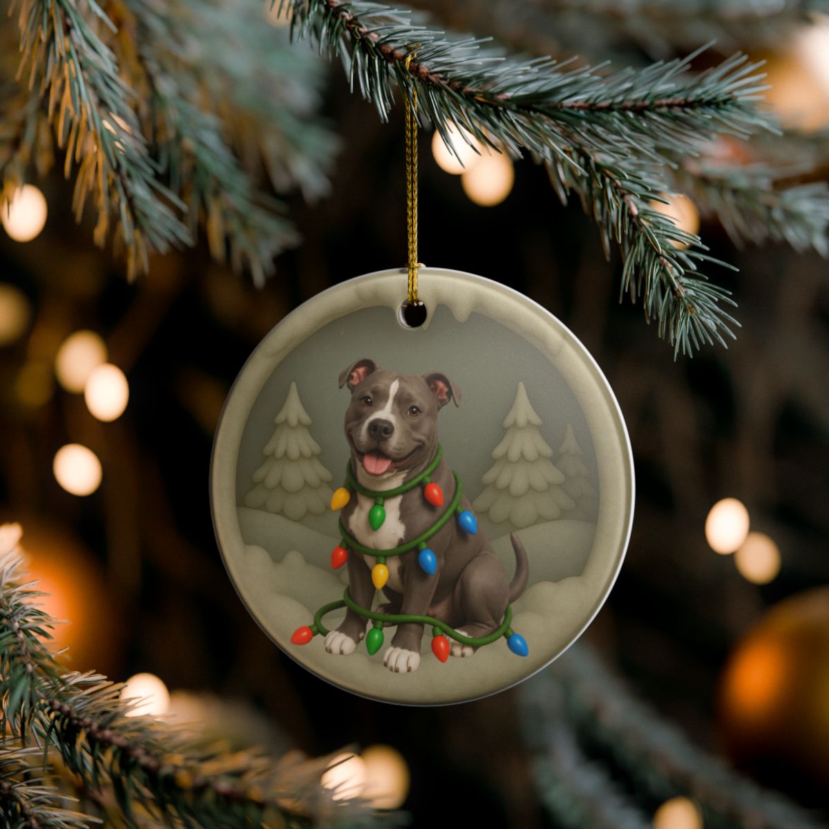 Pitbull Christmas Ornament, Personalized Pitbull Puppy with Holiday Lights, Custom Dog Lover Gift, Tree Decoration