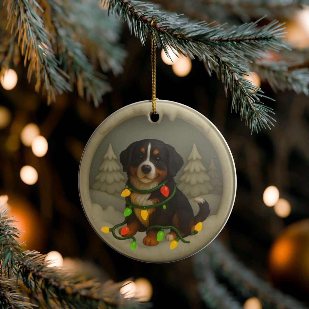Personalized Bernese Mountain Dog Christmas Ornament, Custom Dog with Holiday Lights Keepsake