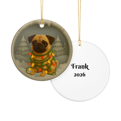 Personalized Tan Pug Christmas Ornament, 3D Clay-Style Dog Keepsake with Lights