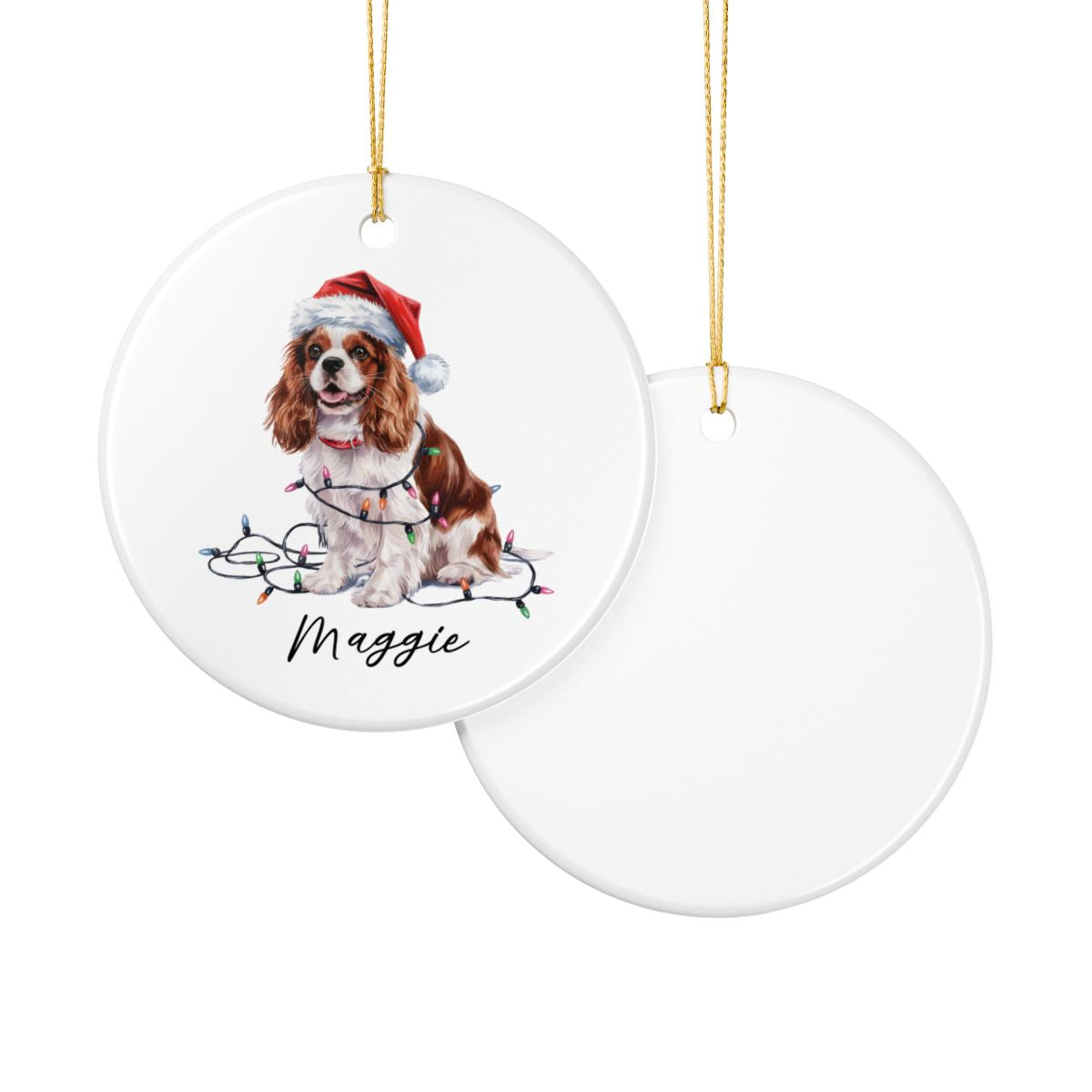Personalized Blenheim Cavalier King Charles Spaniel Christmas Ornament, Tangled Lights Ceramic Keepsake