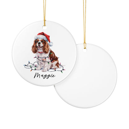 Personalized Blenheim Cavalier King Charles Spaniel Christmas Ornament, Tangled Lights Ceramic Keepsake