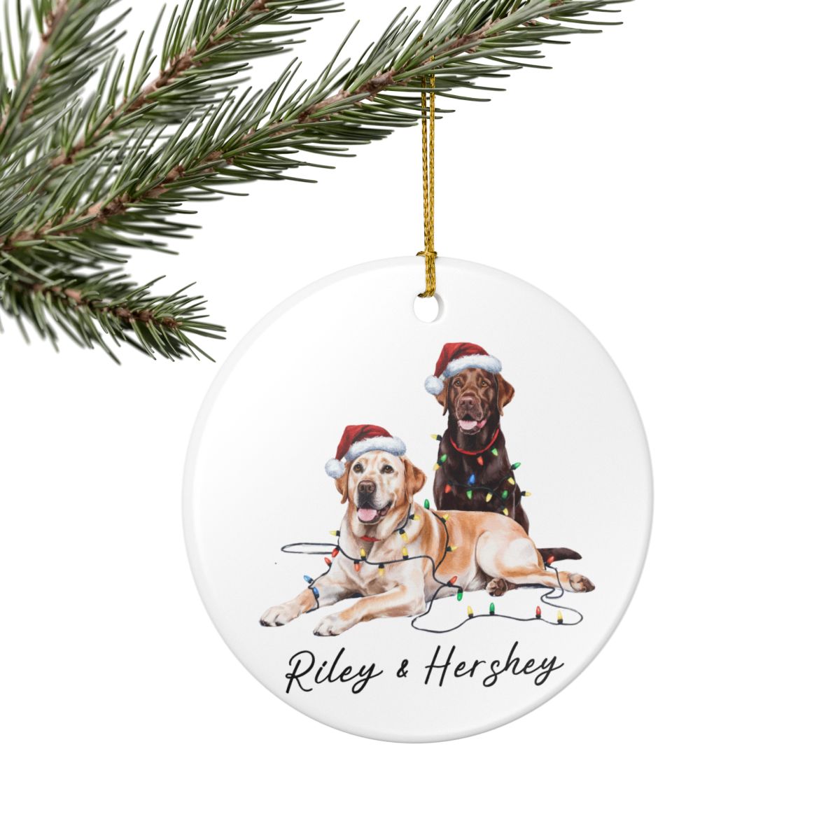 Chocolate and Yellow Labradors Ornament, Personalized Dog Christmas Decor