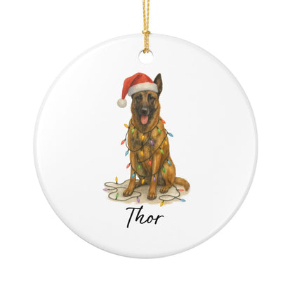 Personalized Belgian Malinois Dog Christmas Ornament, Ceramic Pet Decor, Santa Hat Lights