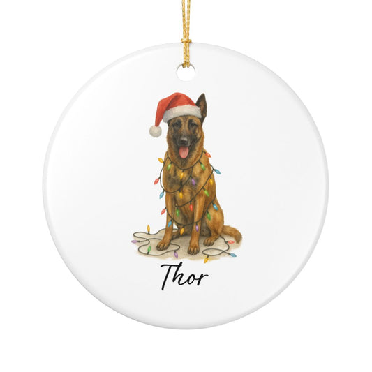 Personalized Belgian Malinois Dog Christmas Ornament, Ceramic Pet Decor, Santa Hat Lights