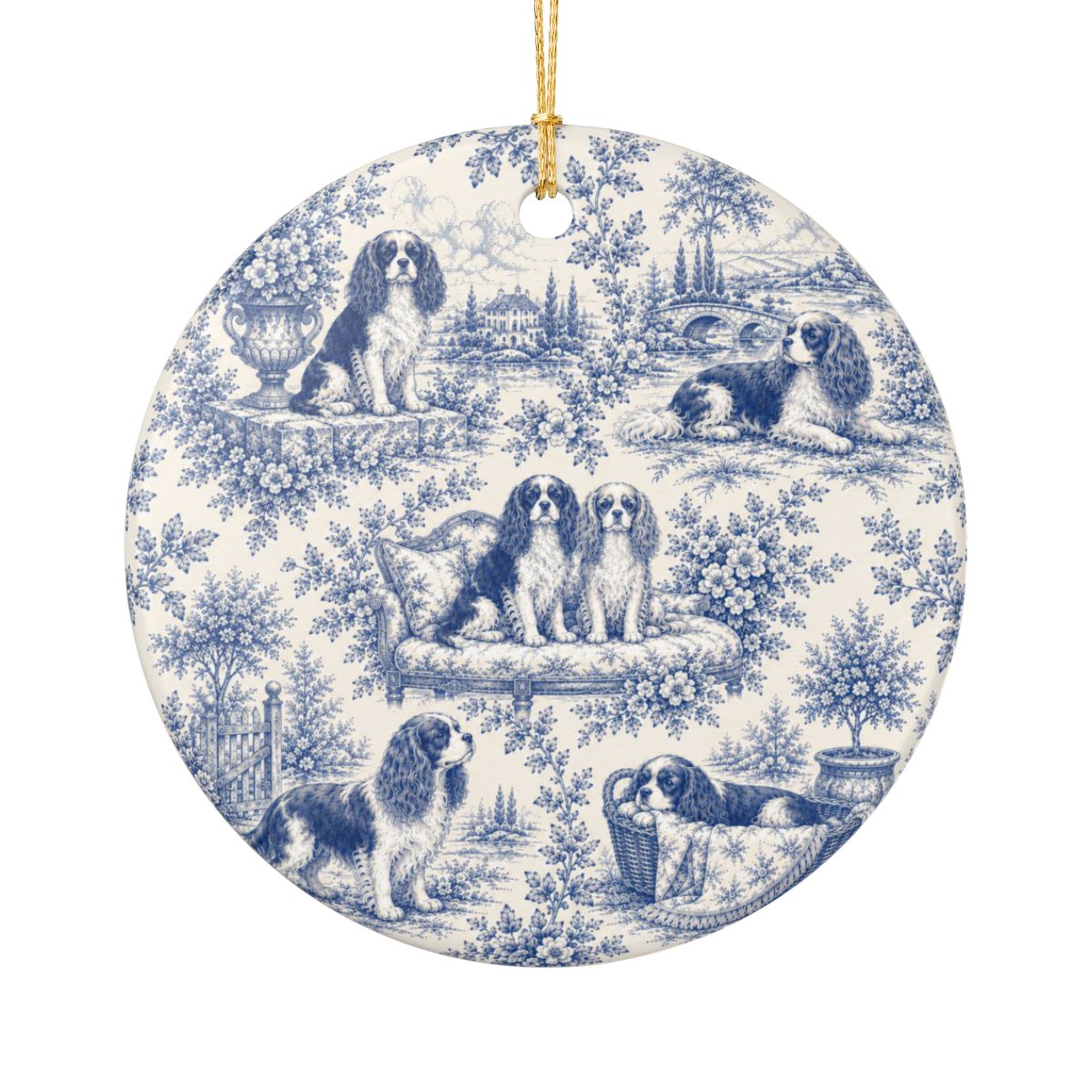 Cavalier French Blue Toile Dog Ornament