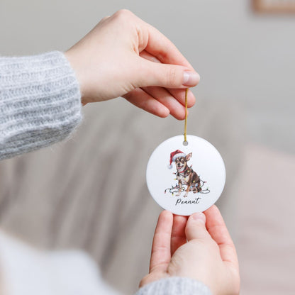 Personalized Black Chihuahua Christmas Ornament, Santa Hat Lights Ceramic Keepsake